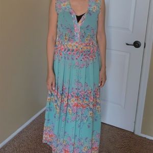 Green Floral Print Pleaded Dress